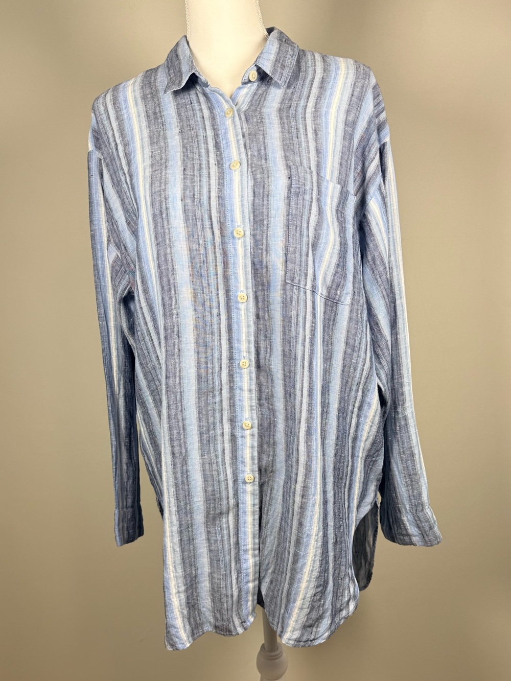 Lands’ End 100% Linen Tunic Shirt Blue Striped Oversized Beachy Coastal Size L - Picture 2 of 10